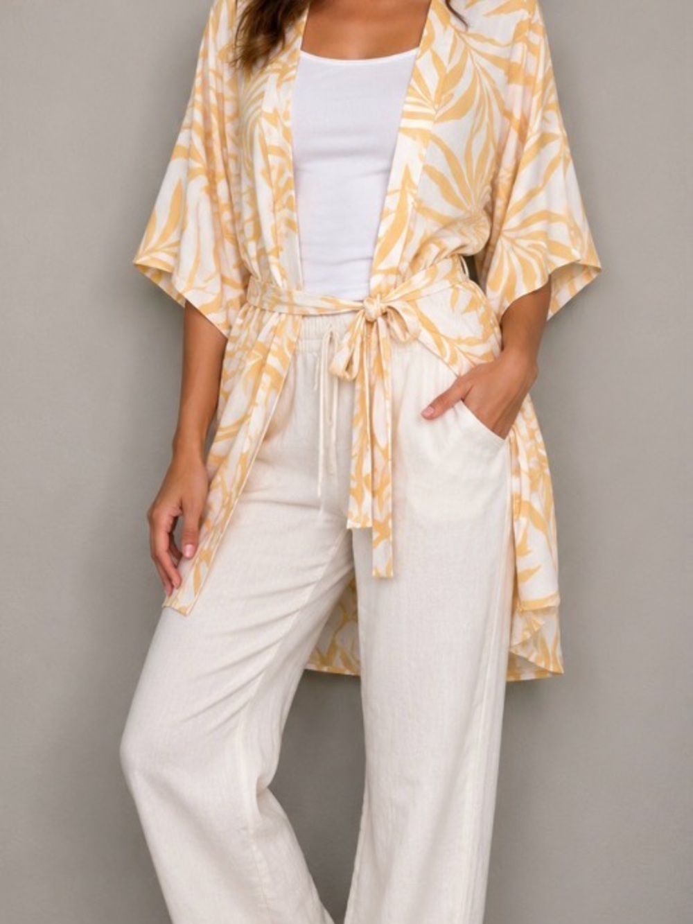 Maison Du Soir Robe Cover Up Yellow Leaf Print Butter Kimono Palm Magnolia Luxe